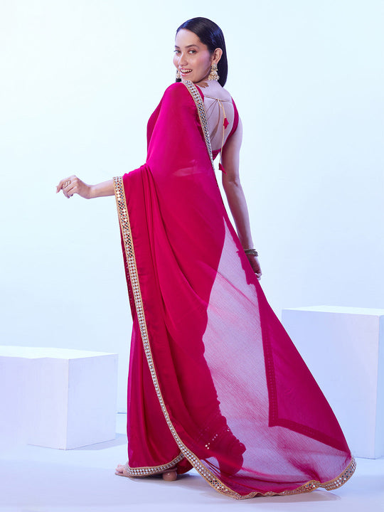 Hot Pink Satin Chiffon With Designer Lace And Unstitched Blouse Hot Pink Satin Chiffon With Designer Lace And Unstitched Blouse