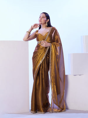 Gold Satin Jimmy Choo Saree With Designer Lace And Unstitched Blouse