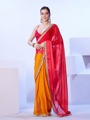 Red & Orange Satin Moss Color blocked Designer Saree With Unstitched Blouse
