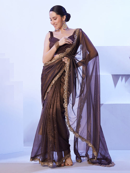 Brown Heavy Super Net With Designer Lace And Unstitched Blouse Brown Heavy Super Net With Designer Lace And Unstitched Blouse