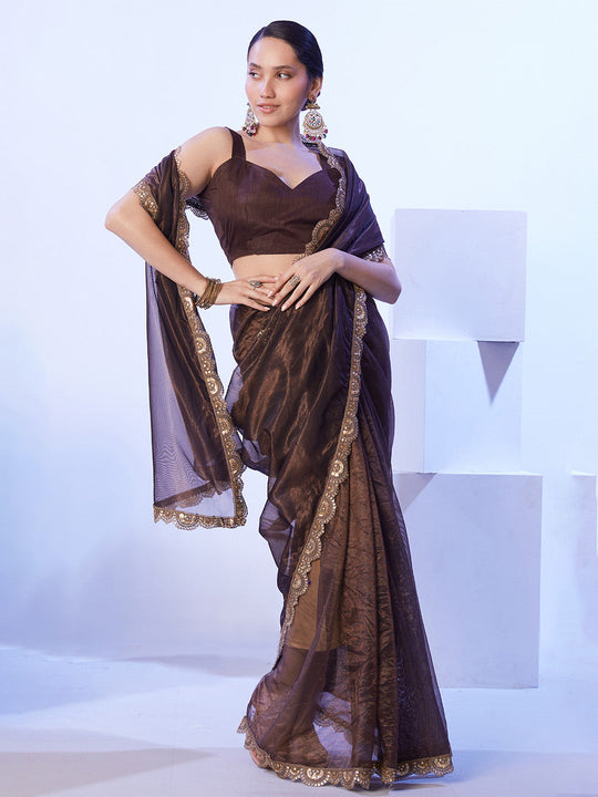 Brown Heavy Super Net With Designer Lace And Unstitched Blouse Brown Heavy Super Net With Designer Lace And Unstitched Blouse