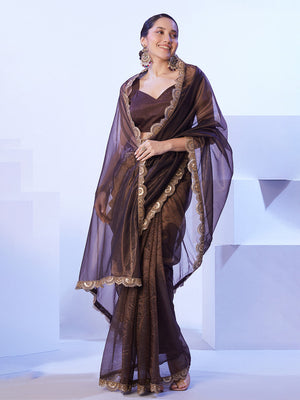 Brown Heavy Super Net With Designer Lace And Unstitched Blouse