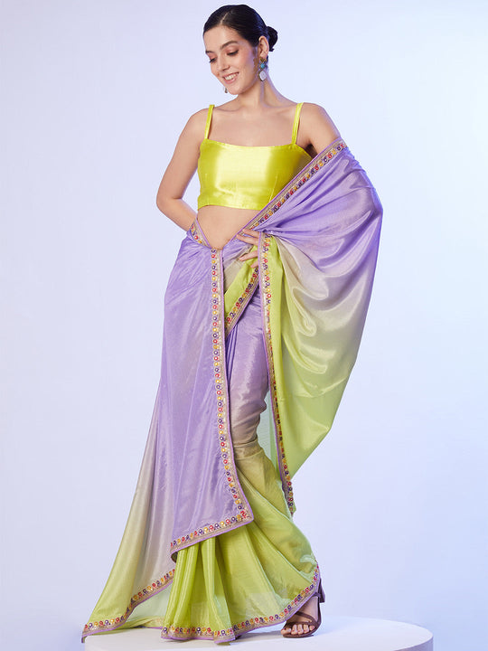 Multicolor Chinon Digital Printed Saree With Designer Lace And Unstitched Blouse Multicolor Chinon Digital Printed Saree With Designer Lace And Unstitched Blouse