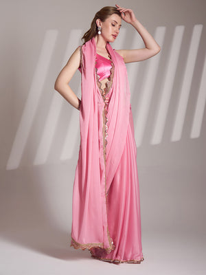 Pink Chiffon Solid Saree With Blouse Piece