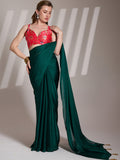 Green Satin Solid Saree With Blouse Piece Green Satin Solid Saree With Blouse Piece