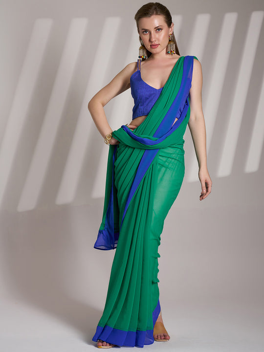 Green And Blue Georgette Colorblocked Saree With Blouse Piece Green And Blue Georgette Colorblocked Saree With Blouse Piece