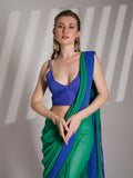 Green And Blue Georgette Colorblocked Saree With Blouse Piece Green And Blue Georgette Colorblocked Saree With Blouse Piece