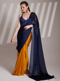 Blue And Mustard Satin Colorblocked Saree With Blouse Piece Blue And Mustard Satin Colorblocked Saree With Blouse Piece