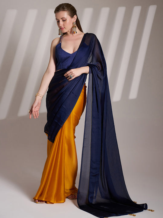 Blue And Mustard Satin Colorblocked Saree With Blouse Piece Blue And Mustard Satin Colorblocked Saree With Blouse Piece