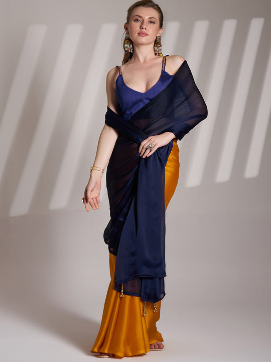 Blue And Mustard Satin Colorblocked Saree With Blouse Piece Blue And Mustard Satin Colorblocked Saree With Blouse Piece