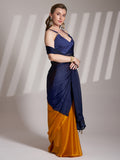 Blue And Mustard Satin Colorblocked Saree With Blouse Piece Blue And Mustard Satin Colorblocked Saree With Blouse Piece