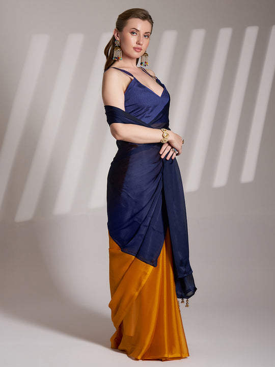 Blue And Mustard Satin Colorblocked Saree With Blouse Piece Blue And Mustard Satin Colorblocked Saree With Blouse Piece