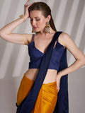Blue And Mustard Satin Colorblocked Saree With Blouse Piece Blue And Mustard Satin Colorblocked Saree With Blouse Piece