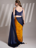 Blue And Mustard Satin Colorblocked Saree With Blouse Piece Blue And Mustard Satin Colorblocked Saree With Blouse Piece