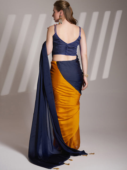 Blue And Mustard Satin Colorblocked Saree With Blouse Piece Blue And Mustard Satin Colorblocked Saree With Blouse Piece