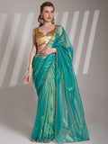 Sea Green Twill Net Solid Saree With Blouse Piece Sea Green Twill Net Solid Saree With Blouse Piece