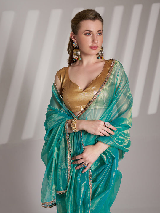 Sea Green Twill Net Solid Saree With Blouse Piece Sea Green Twill Net Solid Saree With Blouse Piece