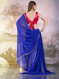 Blue Georgette Solid Saree With Blouse Piece Blue Georgette Solid Saree With Blouse Piece