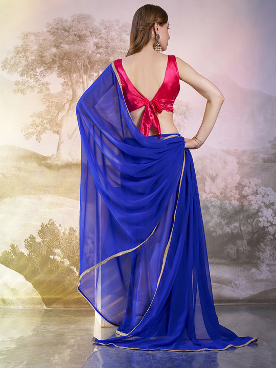 Blue Georgette Solid Saree With Blouse Piece Blue Georgette Solid Saree With Blouse Piece