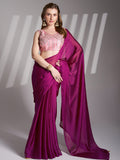 Wine Chiffon Solid Saree With Blouse Piece Wine Chiffon Solid Saree With Blouse Piece