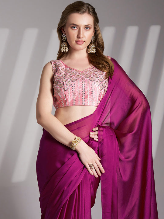 Wine Chiffon Solid Saree With Blouse Piece Wine Chiffon Solid Saree With Blouse Piece
