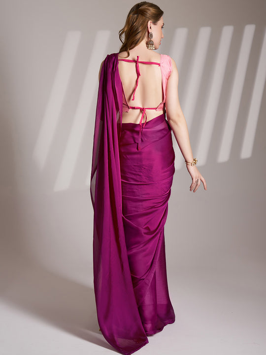 Wine Chiffon Solid Saree With Blouse Piece Wine Chiffon Solid Saree With Blouse Piece