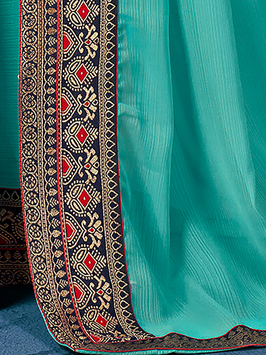Turquoise Blue Georgette Ready To Wear Saree With Blouse Piece Turquoise Blue Georgette Ready To Wear Saree With Blouse Piece