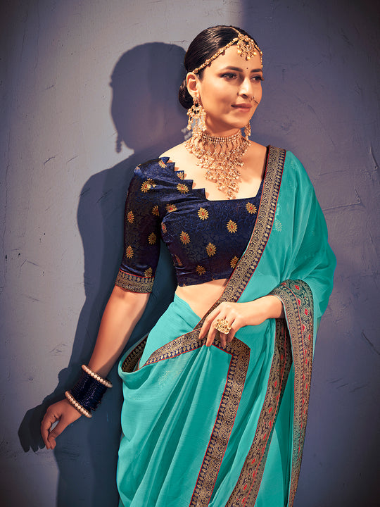 Turquoise Blue Georgette Ready To Wear Saree With Blouse Piece Turquoise Blue Georgette Ready To Wear Saree With Blouse Piece