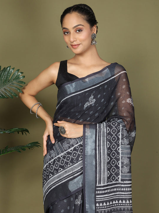Black Cotton Saree With Blouse Piece Black Cotton Saree With Blouse Piece