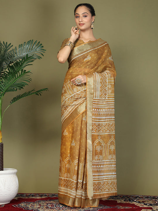 Golden Cotton Saree With Blouse Piece Golden Cotton Saree With Blouse Piece