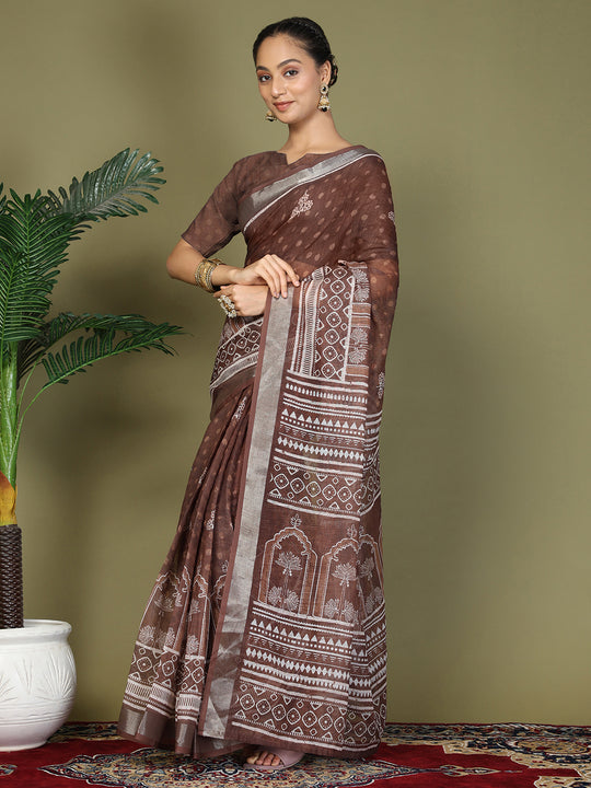Brown Cotton Saree With Blouse Piece Brown Cotton Saree With Blouse Piece