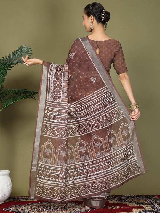 Brown Cotton Saree With Blouse Piece Brown Cotton Saree With Blouse Piece