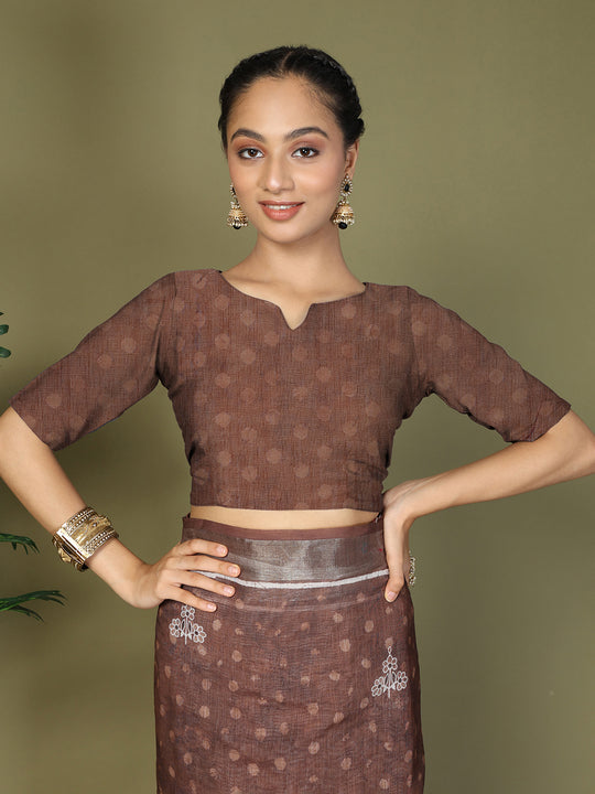 Brown Cotton Saree With Blouse Piece Brown Cotton Saree With Blouse Piece
