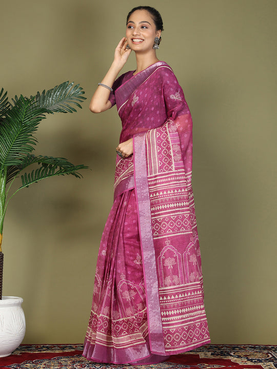 Purple Cotton Saree With Blouse Piece Purple Cotton Saree With Blouse Piece