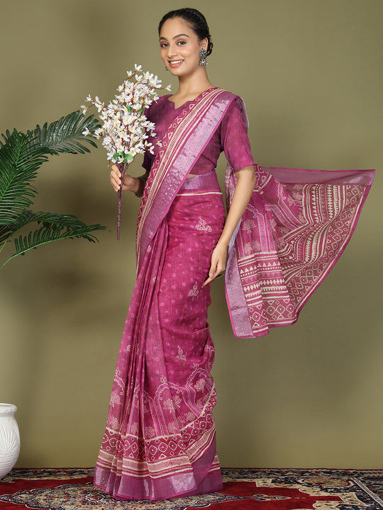 Purple Cotton Saree With Blouse Piece Purple Cotton Saree With Blouse Piece