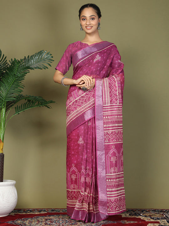 Purple Cotton Saree With Blouse Piece Purple Cotton Saree With Blouse Piece