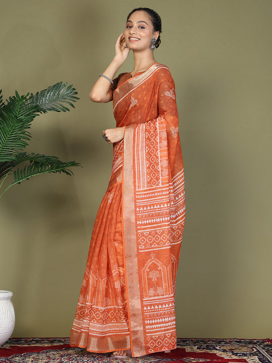 Orange Cotton Saree With Blouse Piece Orange Cotton Saree With Blouse Piece