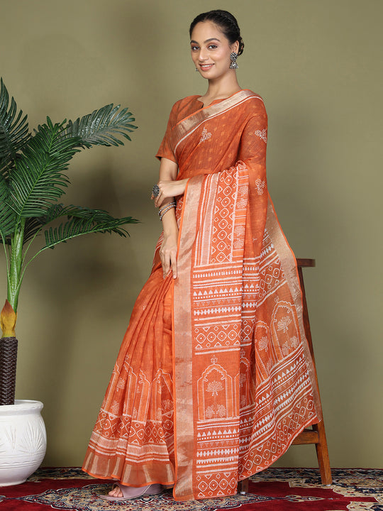 Orange Cotton Saree With Blouse Piece Orange Cotton Saree With Blouse Piece