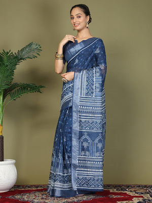 Blue Cotton Saree With Blouse Piece