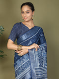 Blue Cotton Saree With Blouse Piece Blue Cotton Saree With Blouse Piece