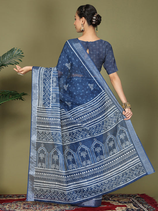 Blue Cotton Saree With Blouse Piece Blue Cotton Saree With Blouse Piece