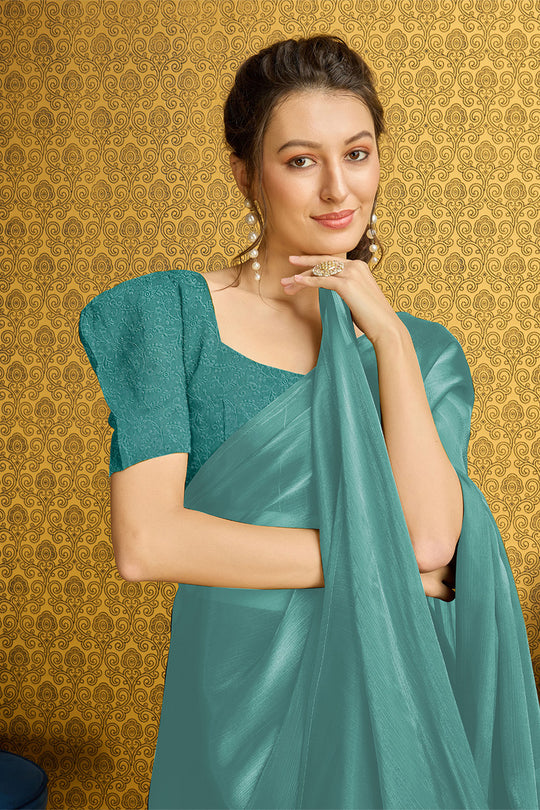 Teal Organza Ready To Wear Saree With Blouse Piece Teal Organza Ready To Wear Saree With Blouse Piece