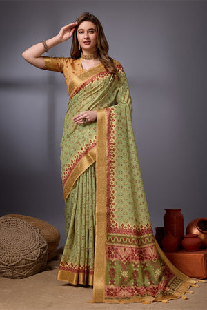 Green Cotton Silk Saree With Blouse Piece