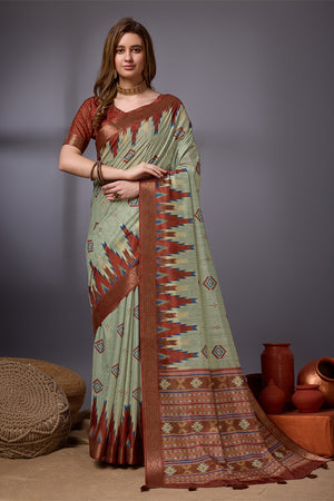 Sea Green Cotton Silk Saree With Blouse Piece