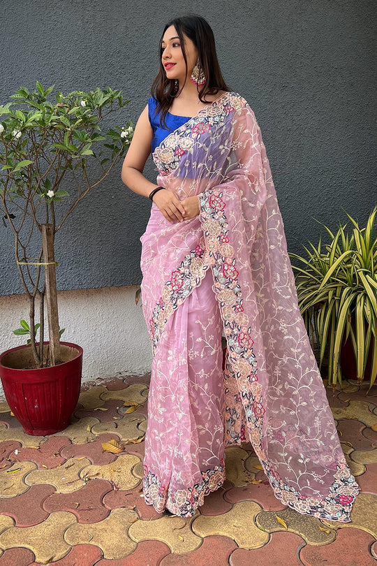Lavender Organza Saree with Blue Blouse Piece Lavender Organza Saree with Blue Blouse Piece