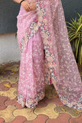 Lavender Organza Saree with Blue Blouse Piece Lavender Organza Saree with Blue Blouse Piece