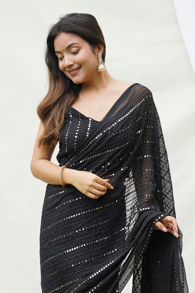 Georgette Saree With Dhaka Broder in Black main image 1