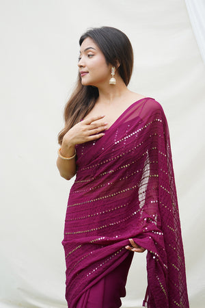 Wine Georgette Saree With Blouse Piece