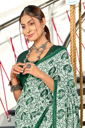 Green Hand Block Batik Print Mulmul Cotton Sarees Saree With Blouse Piece