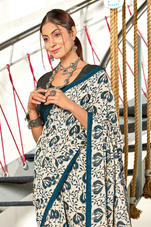 Sky Blue Hand Block Batik Print Mulmul Cotton Sarees Saree With Blouse Piece